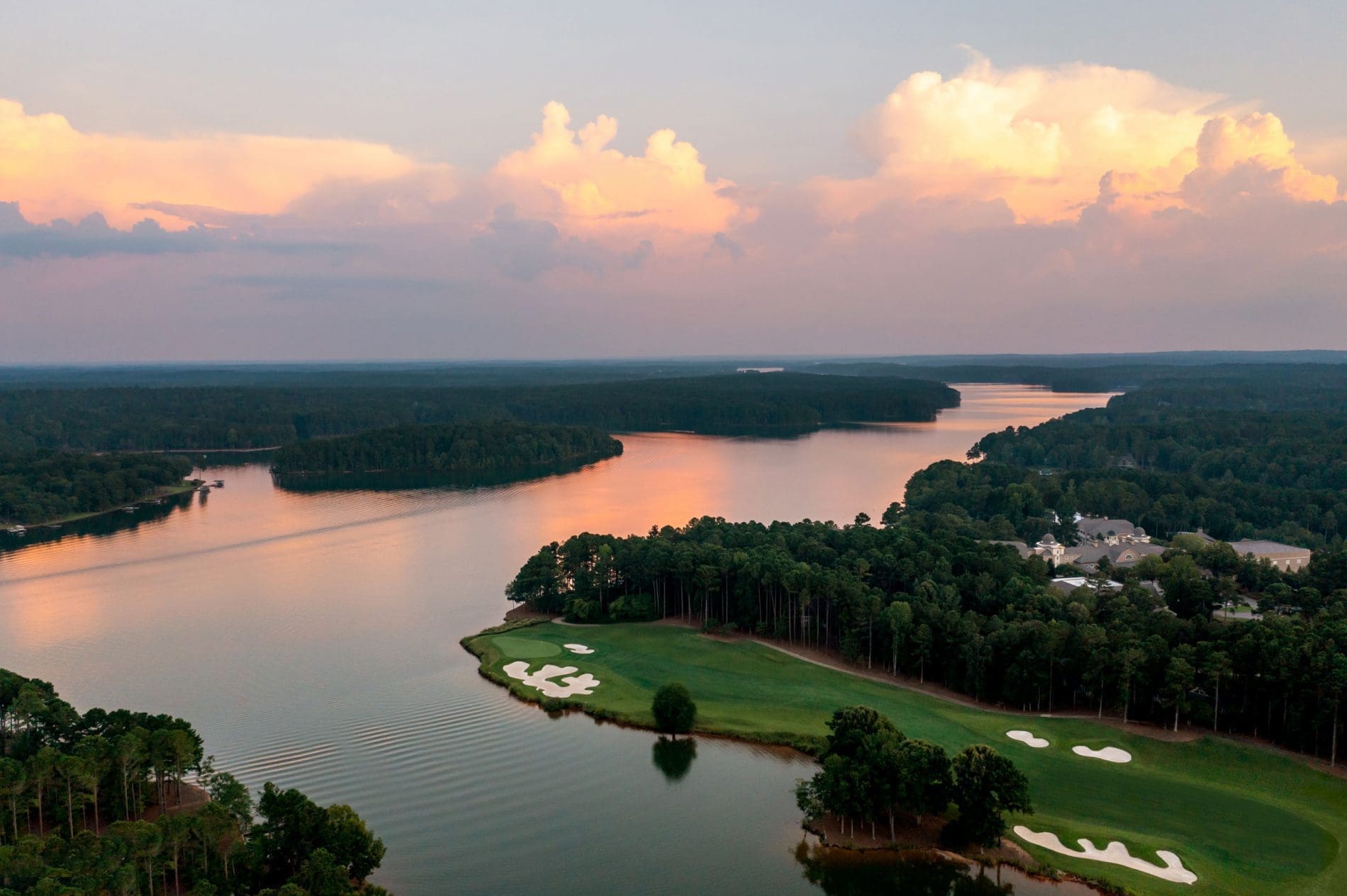 A beautiful aerial view of Lake Oconee at sunset